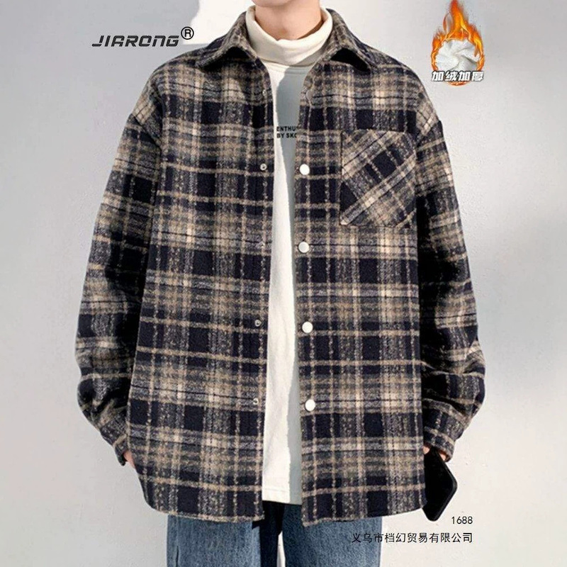 Men's tweed-style wool coat, winter, fleece-lined, thick, plaid shirt, loose fit, casual, versatile jacket, trendy Men's tweed-style wool coat, winter, fleece-lined, thick, plaid shirt, loose fit, casual, versatile jacket, trendy