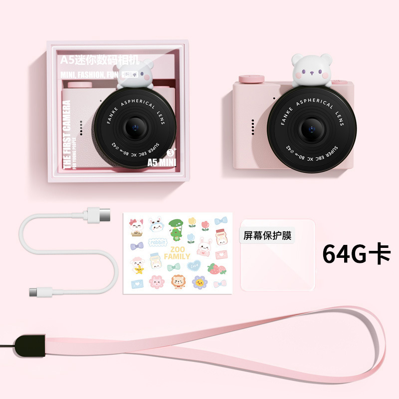 Cámara de estudiante de dibujos animados para niños A5 Cámara de bolsillo portátil de doble cámara delantera y trasera Mini cámara digital Regalo del día de los niños