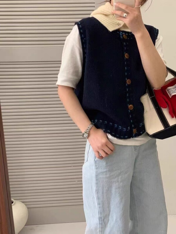 圆领撞色开衫针织马甲女春秋新款时尚休闲学院风减龄背心外套女|undefined