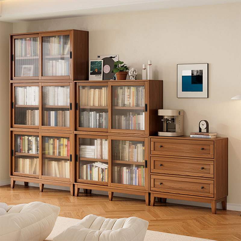 All Solid Wood Low Bookcase Floor-Standing Living Room Cabinet Storage Cabinet Integrated Wall-Mounted American Style Solid Wood Bookshelf with Glass Sliding Door