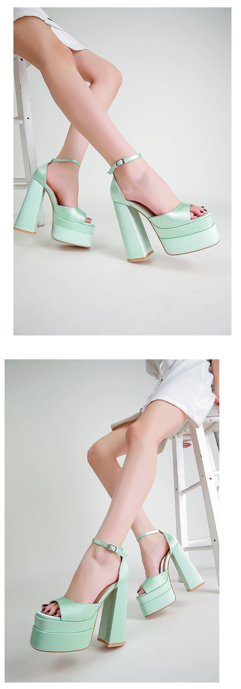 Sandal cao gót nữ mũi vuông rỗng gót vuông satin — Màu đen chi tiết 3