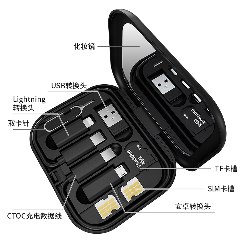 Cable de datos portátil transfronterizo caja de almacenamiento multifunción 60W carga rápida soporte para teléfono móvil cable de carga paquete de regalo