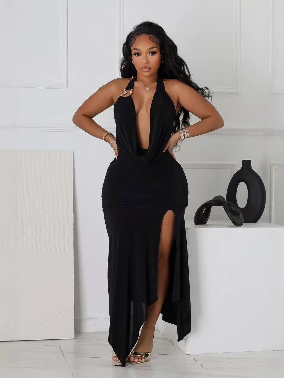 Women's Clothing Sexy Hot Girl Women's Halter Neck V Neck Backless Slit Long Dress Style Fashion Temperament Slim Fit_ecoleips.com