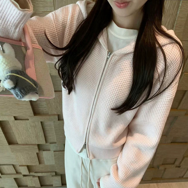 Korean-style soft blue waffle knit hooded zip-up cardigan for women, new autumn coat top Korean-style soft blue waffle knit hooded zip-up cardigan for women, new autumn coat top
