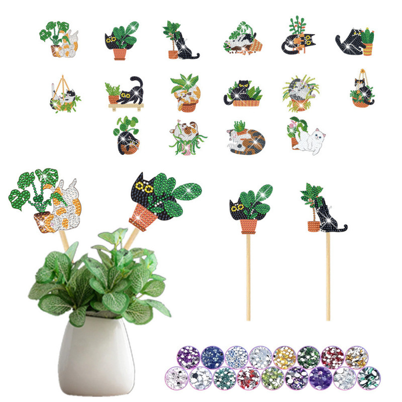 Estacas decorativas para macetas con diseño de flores para decoración de plantas en el hogar y escritorio, fabricante de estacas de jardín hechas a mano con pegatinas de diamantes DIY.