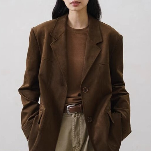 Spot New Dark Brown Coffee Suede Suit Jacket American Retro Casual Suit Autumn and Winter