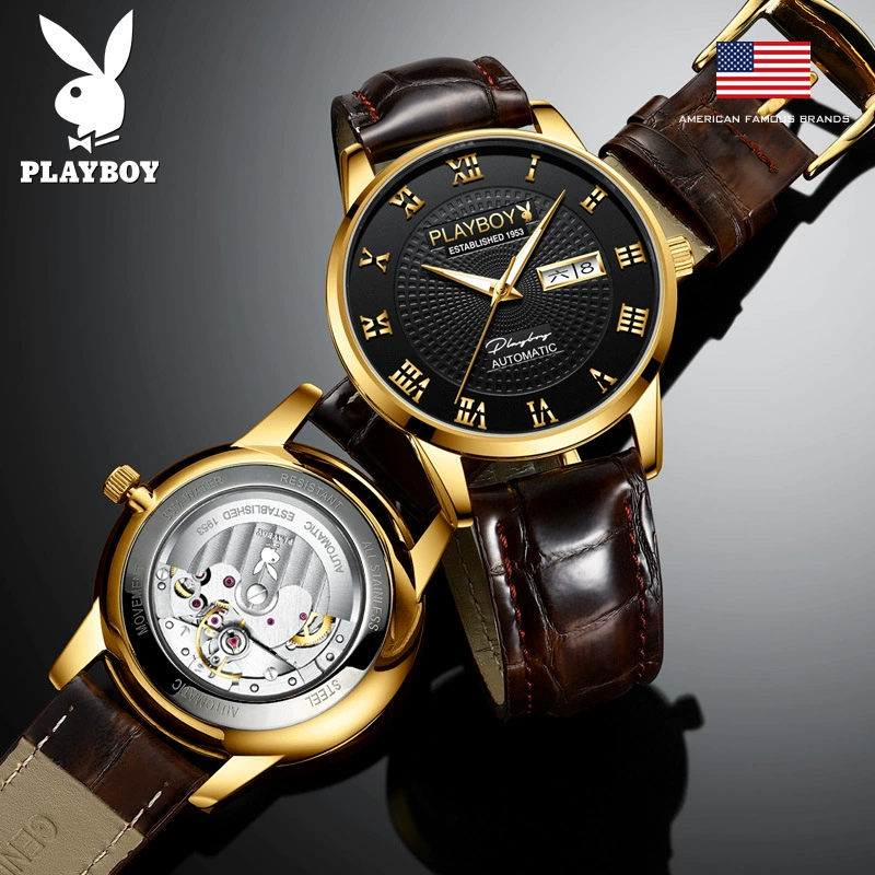 Часы Playboy, механические часы, швейцарские часы, мужские часы, полностью автоматические, натуральная кожа
