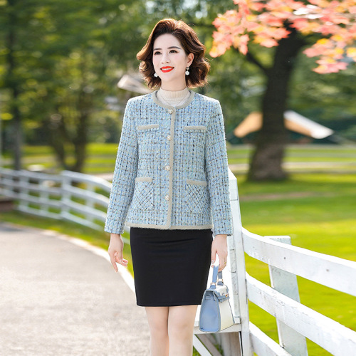 Qiao Yaying 40-50 years old middle-aged and elderly women's short top plaid small fragrant style large size mother's wear long-sleeved jacket