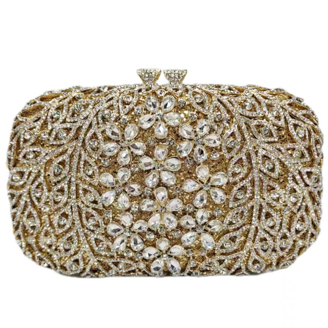 Transfronterizo nuevo paquete de cena de moda con diamantes goteo de flores de ciruela europea y americana banquete de diamantes lleno embrague nuevo duro