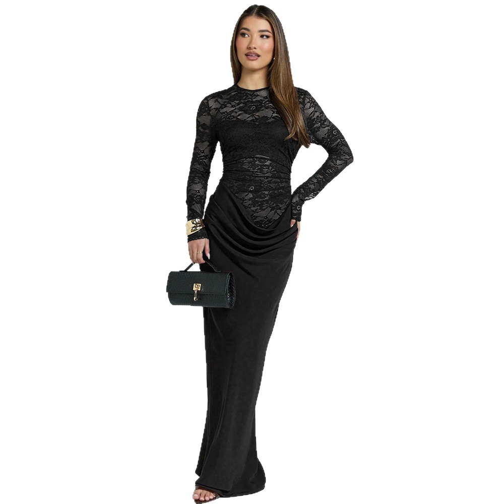Primavera de estilo europeo y americano de ropa de mujer nuevo temperamento elegante cuello redondo de pecho de manga larga de encaje sexy vestido de empalme image 5
