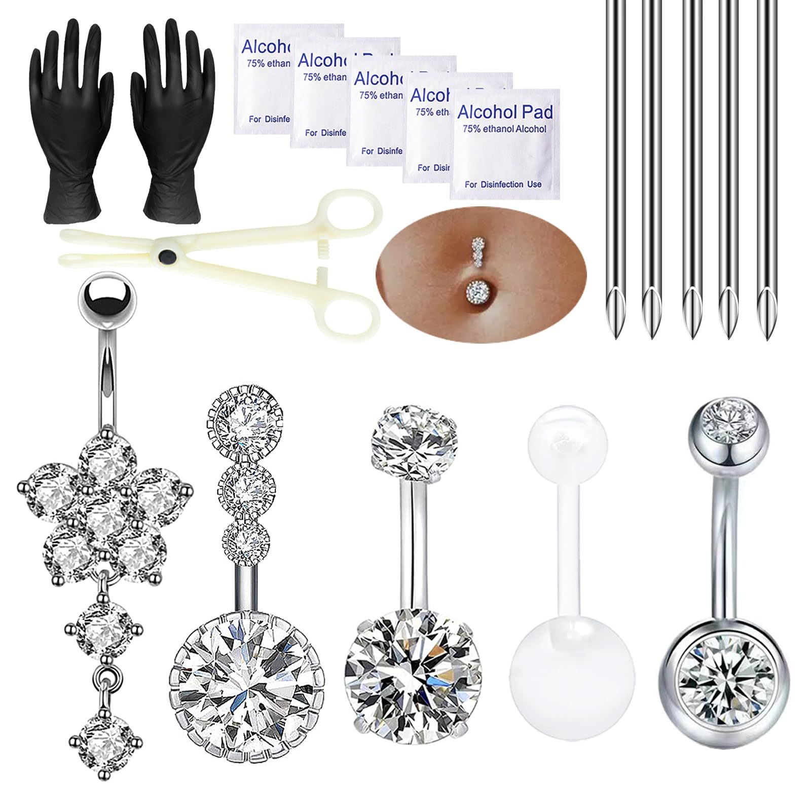 Fashion Cross-border 18-piece Stainless Steel Navel Piercing Kit With Needle, Gloves, Tools, Pliers, Hot-selling On And Easy To Wear_voghion.com