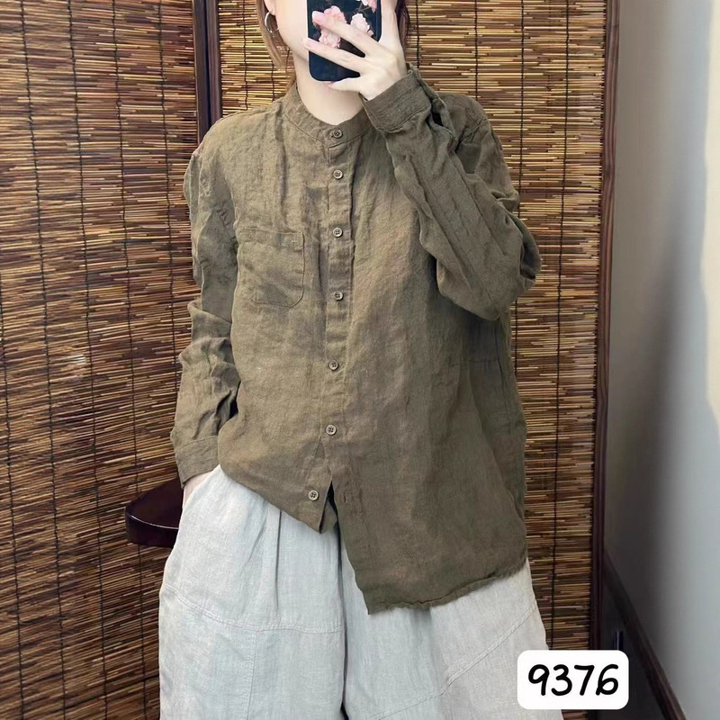 新品韩版宽松简约砂洗亚麻立领纯色衬衫百搭休闲衬衣女|undefined