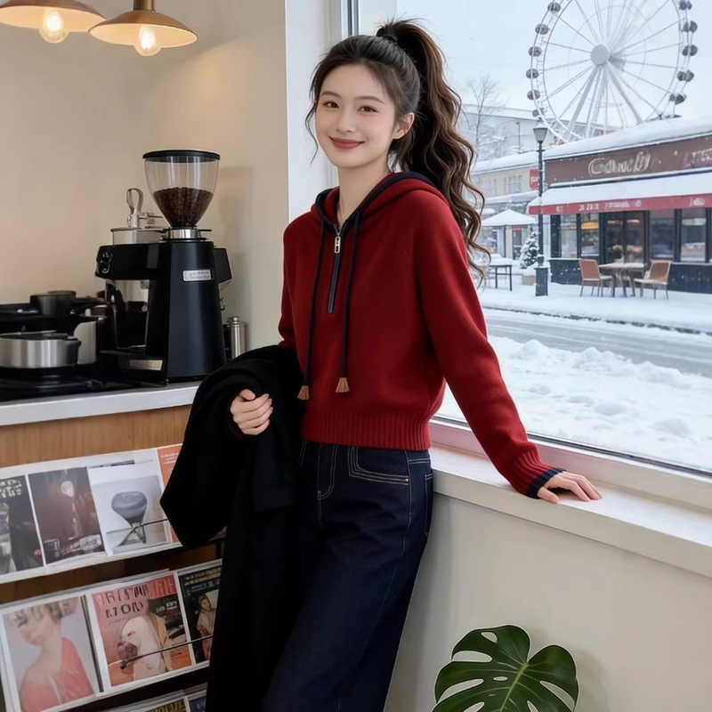 Comfortable Casual Style Half-Zip Hooded Knit Sweater for Women, 2026 Spring New Unique and Beautiful Waist-Cinching Top, Trendy Comfortable Casual Style Half-Zip Hooded Knit Sweater for Women, 2026 Spring New Unique and Beautiful Waist-Cinching Top, Trendy