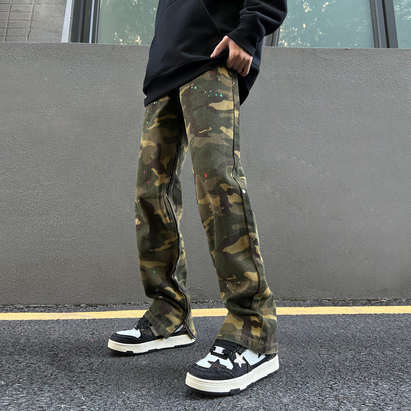 High street camouflage distressed washed trousers vibe style straight loose men's jeans trendy casual all-matching pants