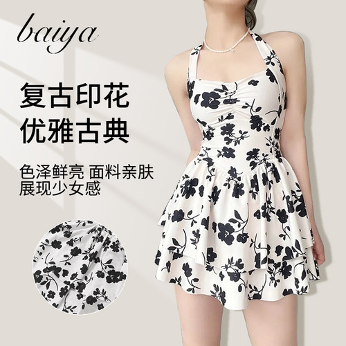 Swimsuit Women's High-end Pure Desire Ins Style Peony One-piece Swimsuit with Strap Waistline Holiday Hot Spring Swimwear 