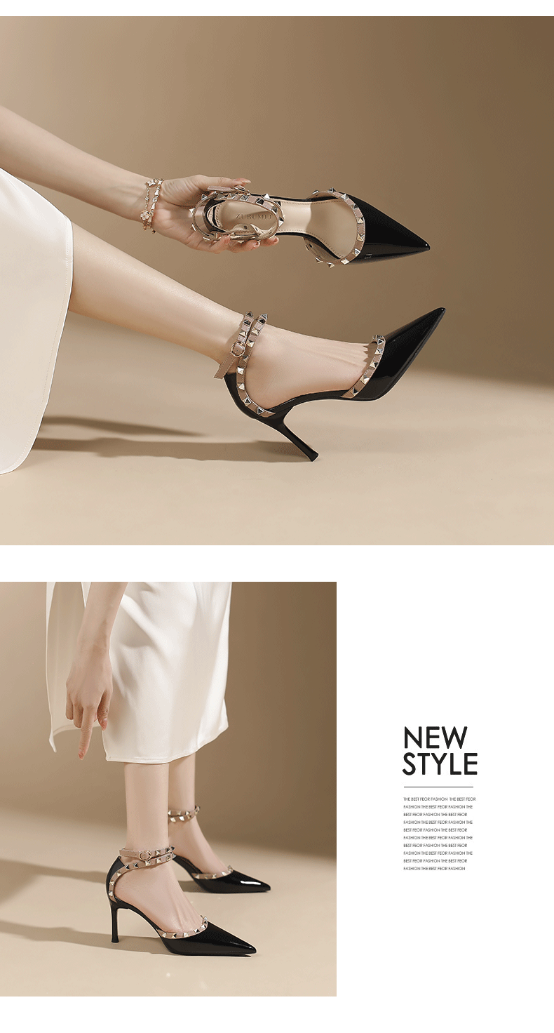 Sandal cao gót nữ mũi nhọn đinh tán gót nhọn — Màu đen chi tiết 4