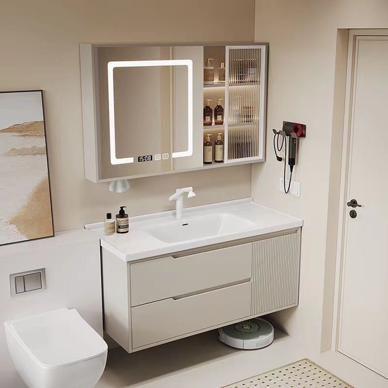 Oak Bathroom Cabinet with Integrated Ceramic Washbasin, Smart and Minimalist Design, Waterproof