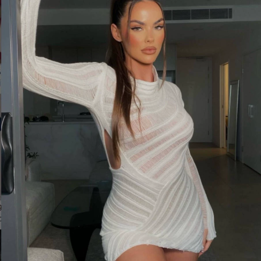 Европейские и американские сексуальные свитера трикотажные полые длинные платья