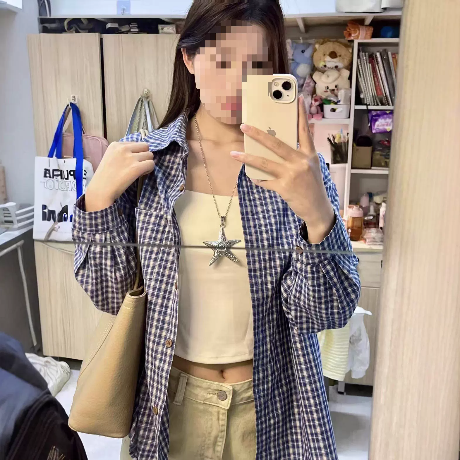 格纹格子Polo衬衫外搭女春秋新款小众韩系百搭宽松慵懒风衬衣外套