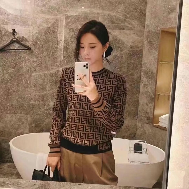 2025 Classy Round Neck Full Printed F Letter Knitted Sweater Knitted Dress Slim Fit Elegant Slimming Look Ready Stock