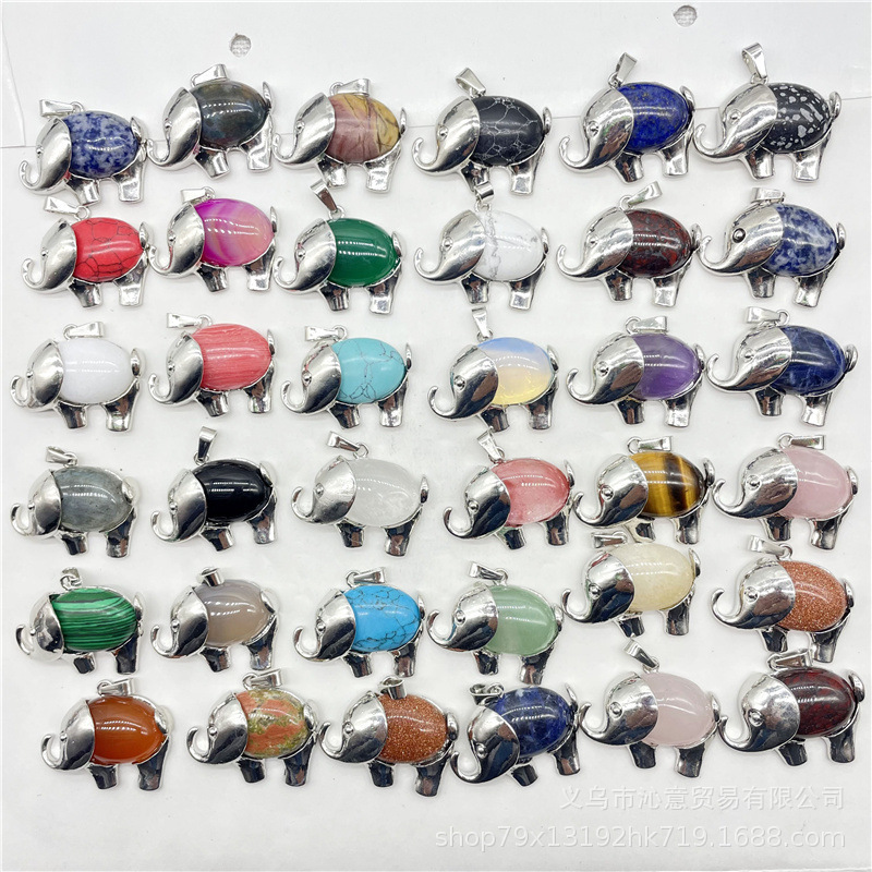 2022 Amazon popular jewelry natural crystal agate inlaid gemstone alloy elephant pendant necklace accessories