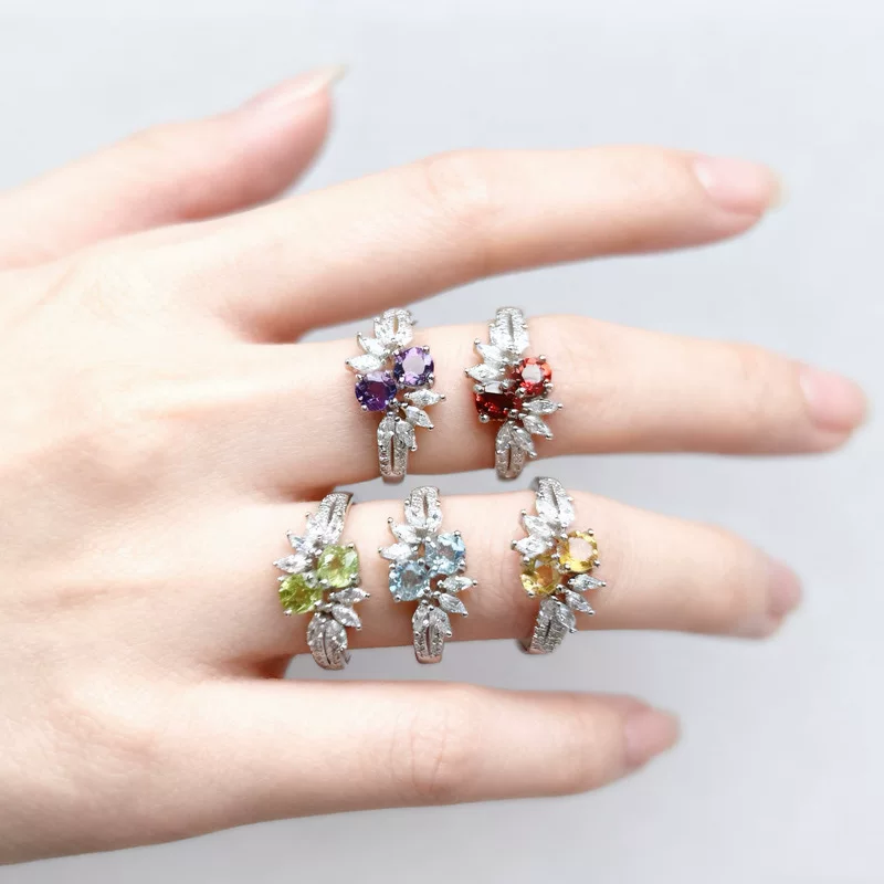 Organic adjustable universal ring with amethyst, silver 925 sample, does not fade