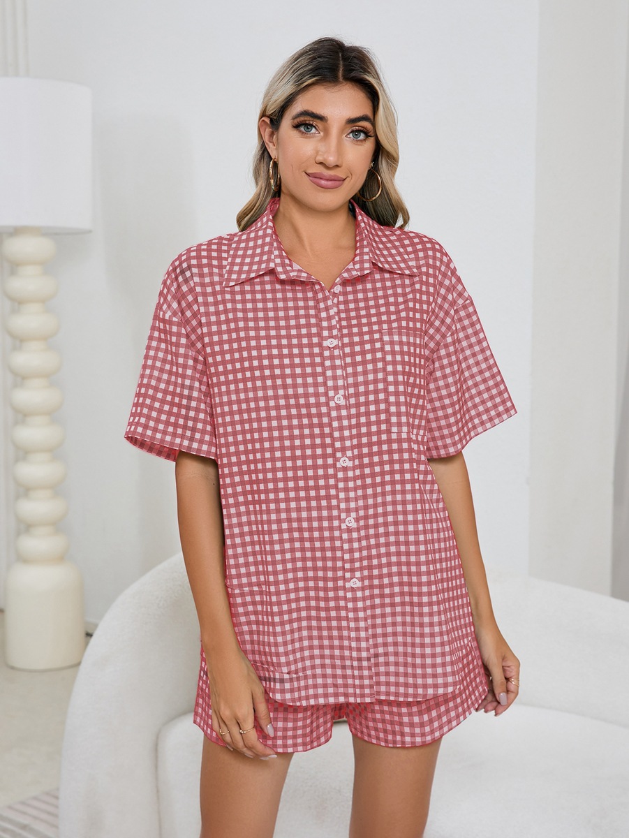 Women Casual Comfortable High Waist Loose Wide Legs Retro Plaid Shorts Checked Shirt Women
