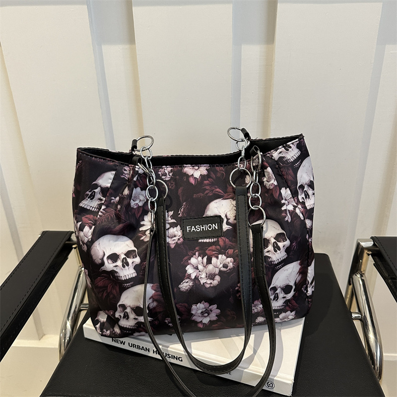 2024 New Canvas Bag Large Capacity Shoulder Bag Skull Korean Style Personalized Trendy Tote Bag Work Commuter Bag