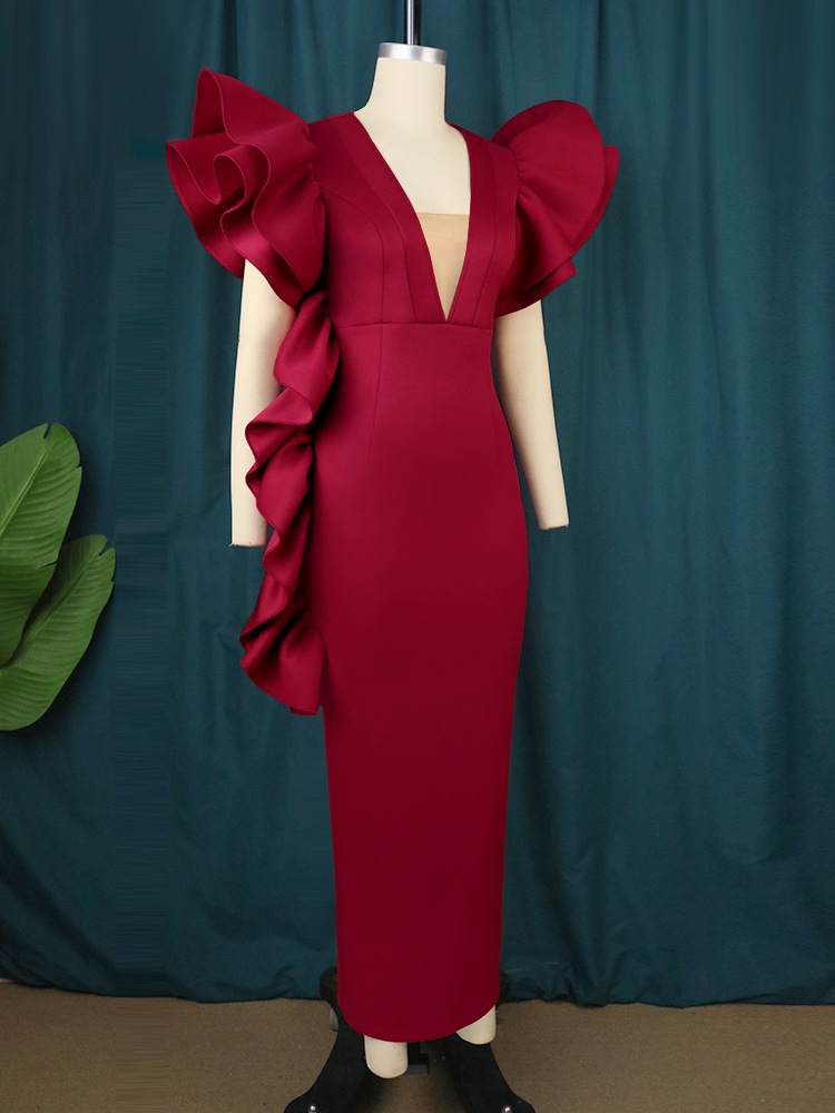 Women's Clothing deep V sexy low cut dress plus size ruffled banquet dress _voghion.com