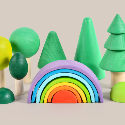 Four elements children's car toys wooden ladder street scene building small rainbow mosaic building block house