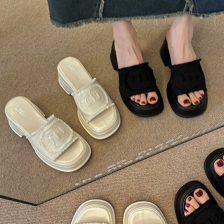 Слайд, летние шлепки, тканевая подошва платформа, стиль Chanel, коллекция 2023, корейский стиль, для подростков