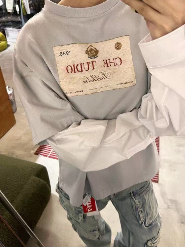 外贸跨境高品质女装印花圆领宽松假两件长袖T恤卫衣休闲美式拼接|undefined