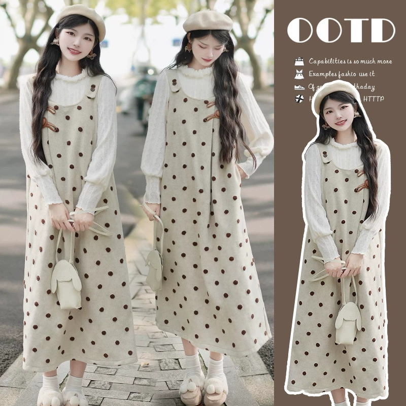 Осень и зима носить полный набор корейских нежных ветров и нижних рубашек с волновой точкой подтяжки платья для беременных