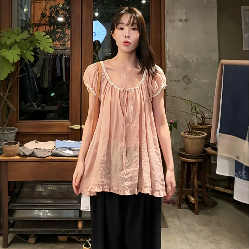 Fletta Ramie Lace Short-Sleeved Shirt for Women Summer New Style Sweet and Fresh Half-Open Collar Lace-Up Breathable Shirt Fletta Ramie Lace Short-Sleeved Shirt for Women Summer New Style Sweet and Fresh Half-Open Collar Lace-Up Breathable Shirt