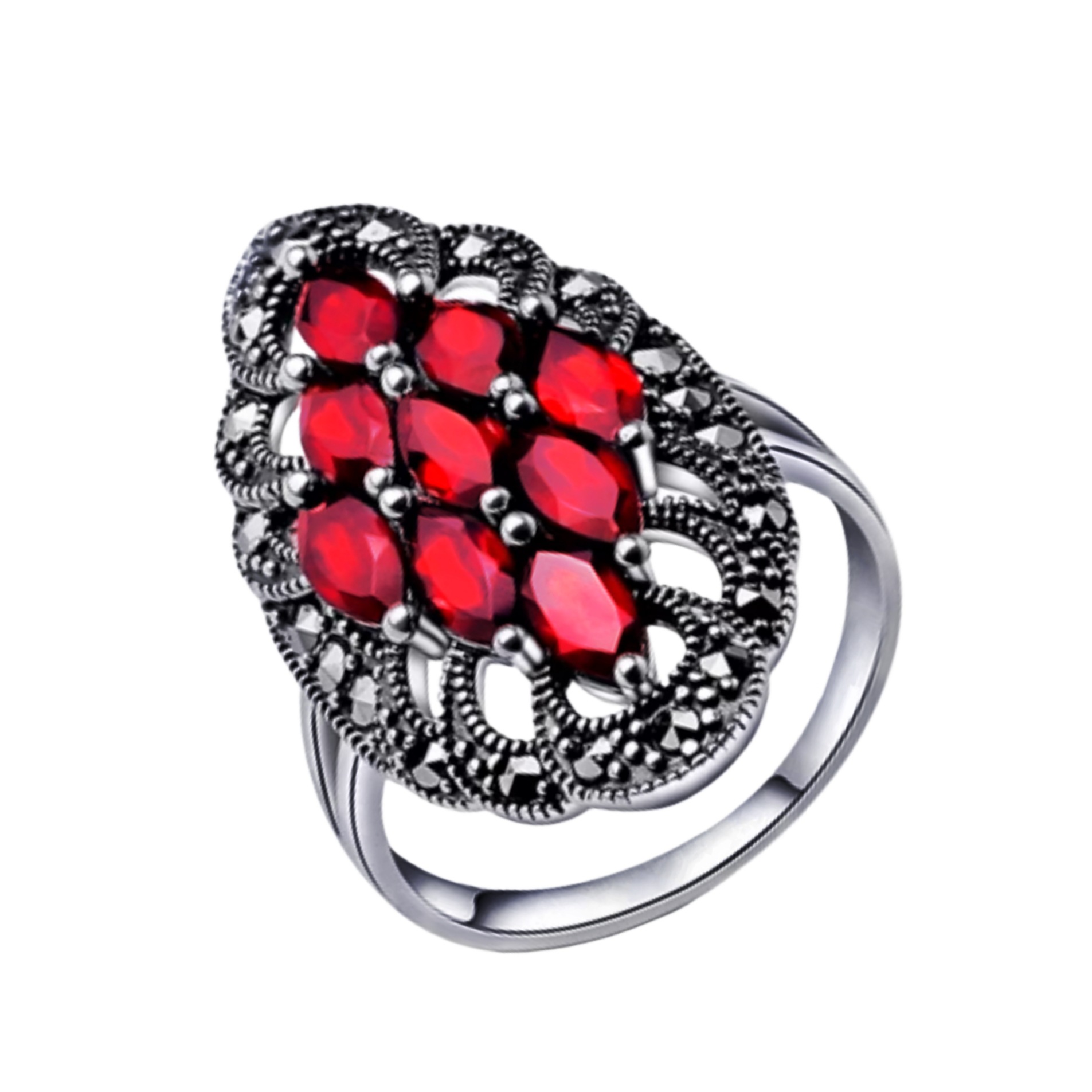 Vintage Elegant Black Zircon Thai Silver Garnet Red Stone Ring_voghion.com