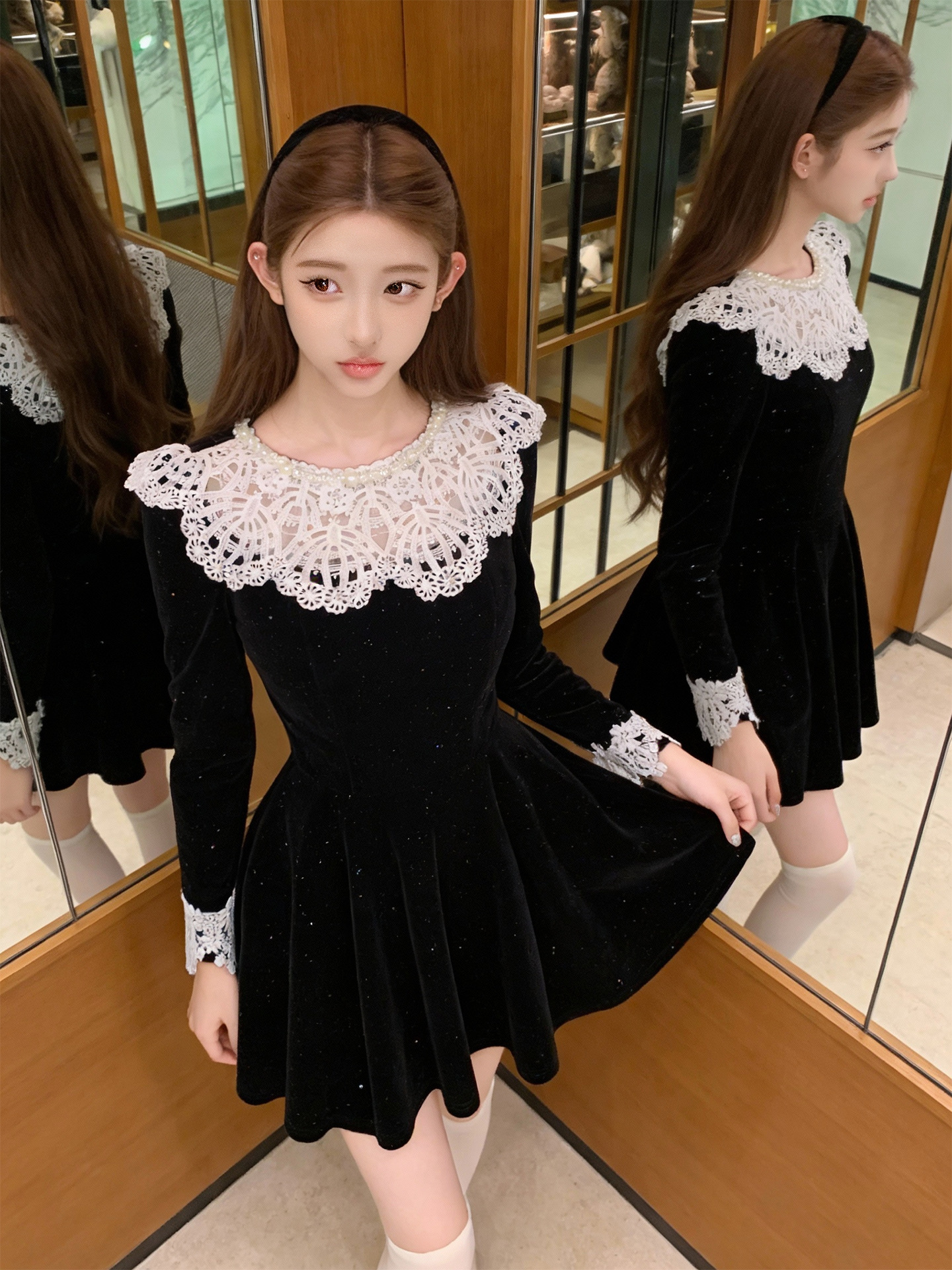 Đầm midi nhung A chữ cổ tròn ren hoa thắt eo — đen