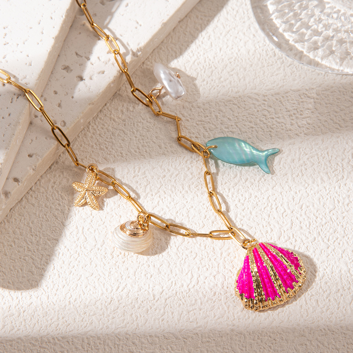 Paperclip Chain, cable chain Chain Type 1 Piece Quantity Casual, Beach Occasion Wholesale Jewelry Marine Style Conch Shell Fish 304 Stainless Steel 18K Gold Plated Plating Paperclip Chain Cable Chain Layered Necklaces Multi Charms Necklace