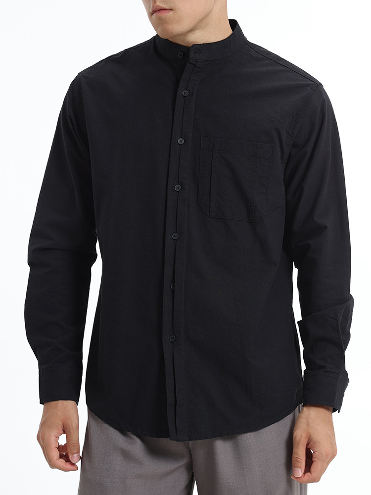 Camisas de algodón masculinas de manga larga de alta sensación suelta de cuello Henry Camisas de algodón masculinas de primavera y otoño