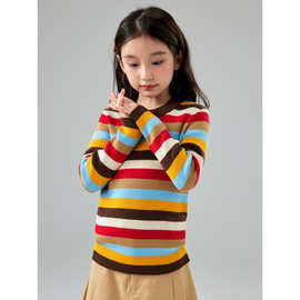 可机洗女童彩红条精纺羊毛针织衫宝宝修身打底毛衣羊绒不起球上衣