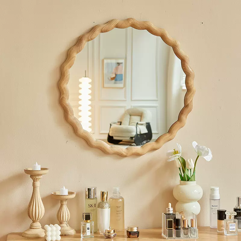 波浪木质化妆镜卧室梳妆台壁挂梳妆镜不规则现代浴室客厅化妆镜