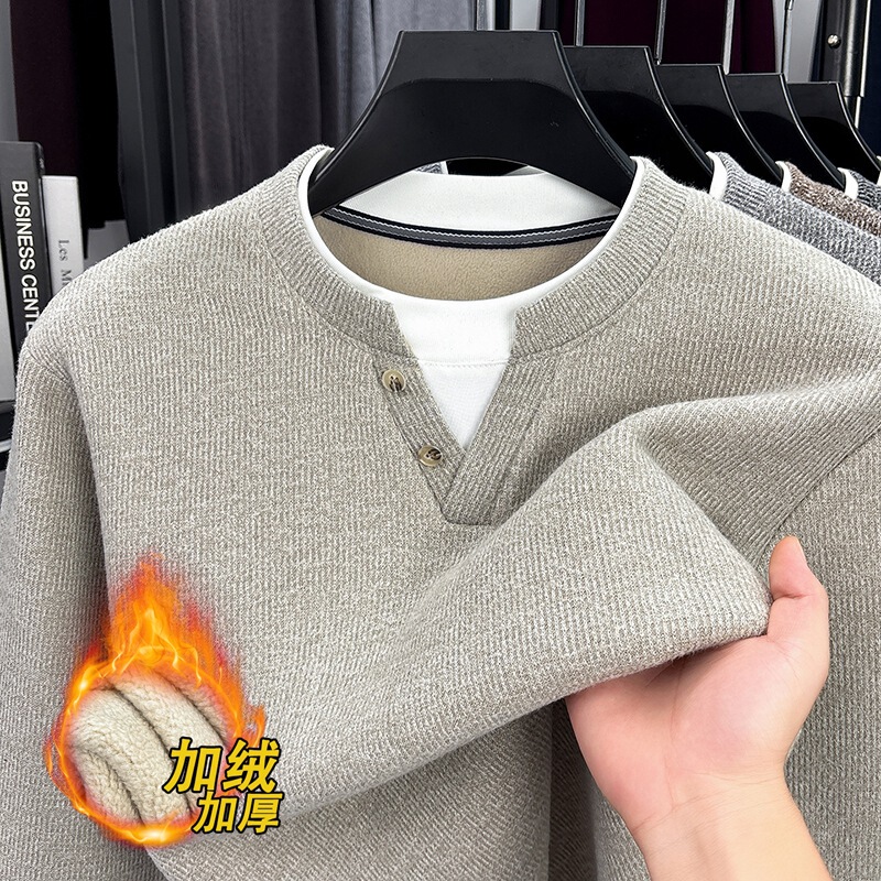 Old Money Style Men's Faux Two-Piece Sweater 2026 Winter New Fleece-Lined Thickened Warm Base Knit Sweater Wholesale Old Money Style Men's Faux Two-Piece Sweater 2026 Winter New Fleece-Lined Thickened Warm Base Knit Sweater Wholesale
