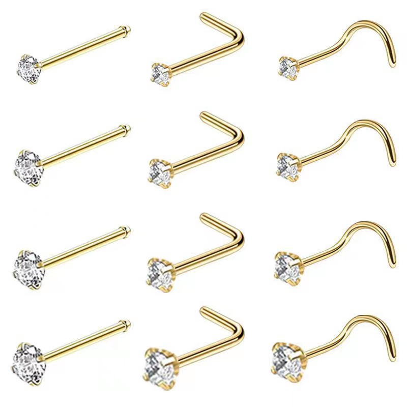 Cross-Border E-Commerce Specializes in 316L Stainless Steel Zircon Nose Studs, European and American Personalized Nose Ring Earrings, Hot-Selling Piercing Jewelry