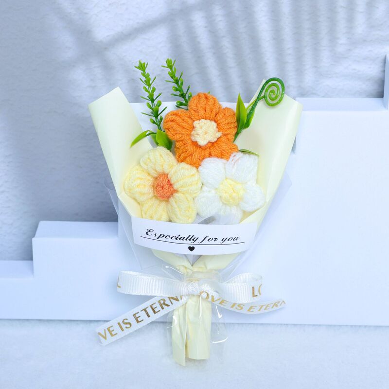ニット糸のパフブーケ、造花、シミュレーションフラワー、ひまわり、多用途ギフト、ミニブーケ|undefined