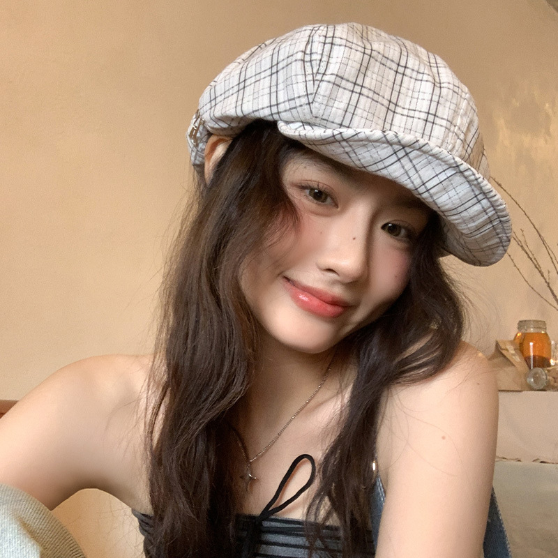 韓国チェック柄ベレー帽女性の 2025 新作春帽子ひさしキャップ顔見せ小さな八角形帽子ペインターハット薄型スタイル|undefined