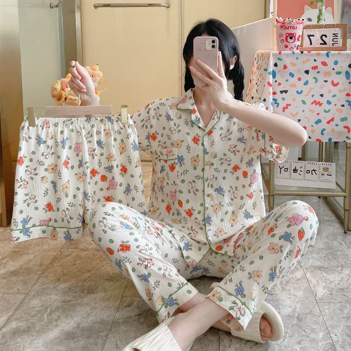 Venta al por mayor transfronteriza 120g pijamas de algodón de nube de verano de manga corta para mujer pantalones cortos de algodón de nube de verano de tres piezas servicio a domicilio de dibujos animados