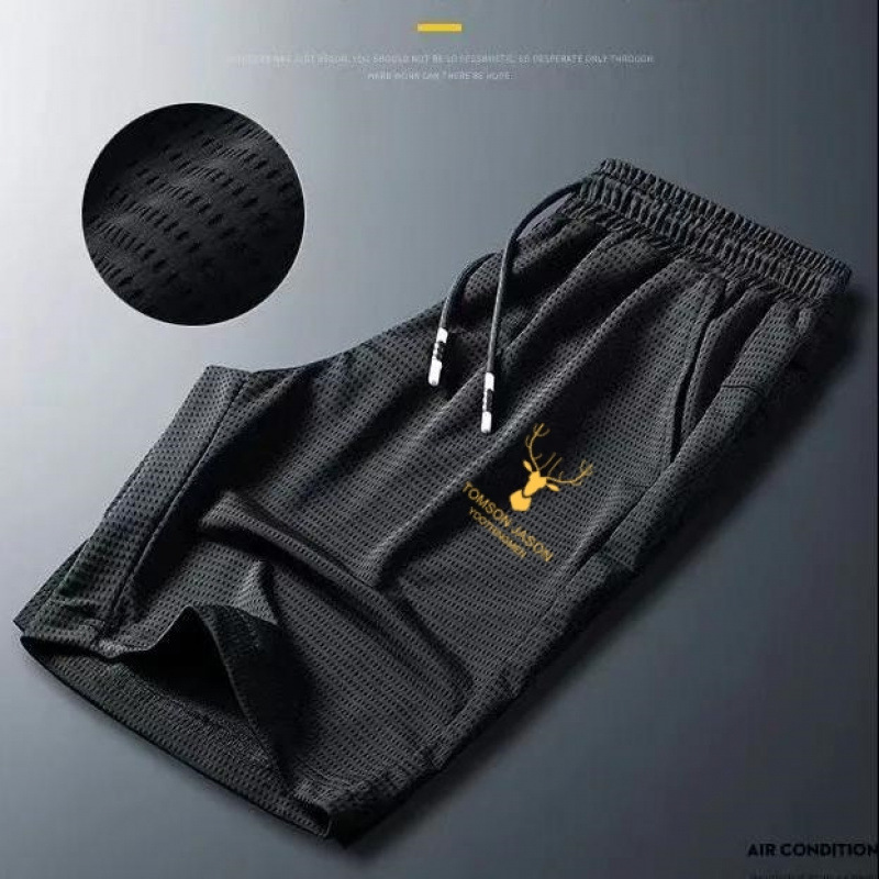 [Private Exclusive] Men's Black Printed Summer Ice Silk Quick-drying Pants Drawstring plus size Straight Shorts Loose
