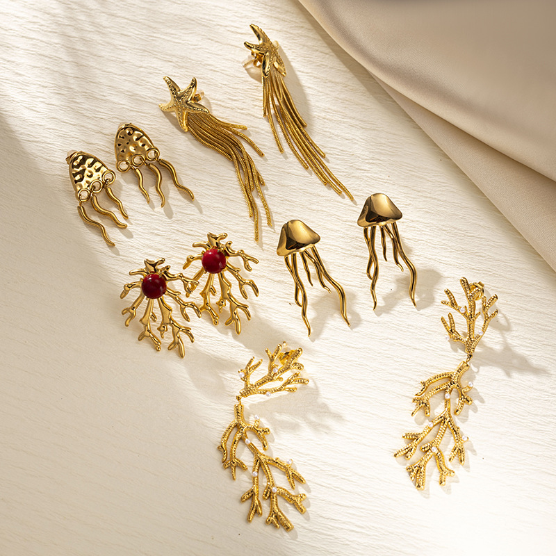 PVD Coated Gold Plating Process PVD Coated Real Gold Plated Jellyfish Starfish 304 Stainless Steel Vintage Style Waterproof Non Tarnish Drop Earrings Ear Studs