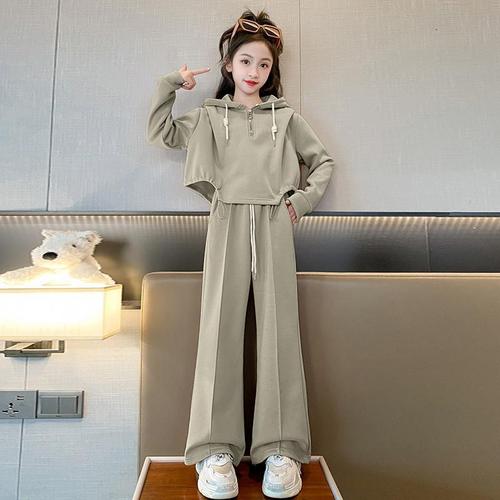 Girls' Autumn Hooded Sweatshirt Suit Girls Fashionable Straight Leg Wide Leg Pants Older Children's Autumn Korean Style Two-piece Set