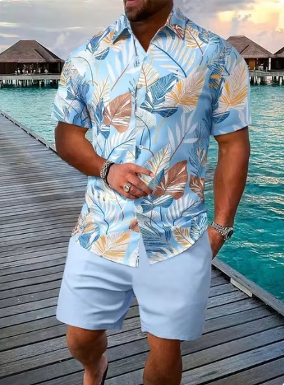 2024 europeo y americano transfronterizo verano AliExpress camisa de hombre casual suelto pantalones cortos de manga corta traje de playa impresión 3D