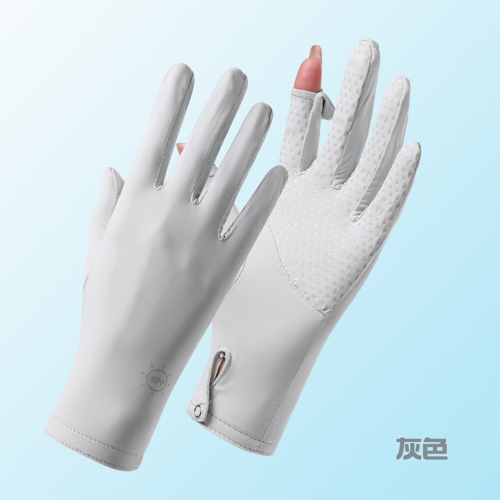 Guantes de protección solar verano mujeres al aire libre Protección UV antideslizante dos dedos pantalla táctil de conducción delgada sensación fresca Guantes de seda de hielo